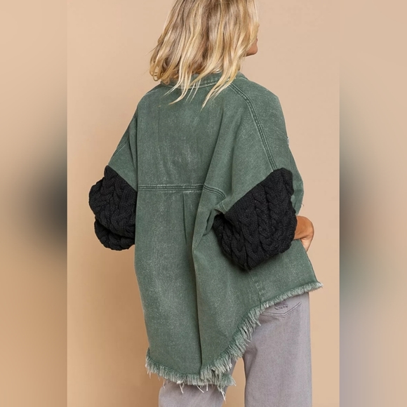 NEW Boho Oversized Cable Knit Distressed Denim Shacket Top Jacket Green Black - Picture 4 of 8